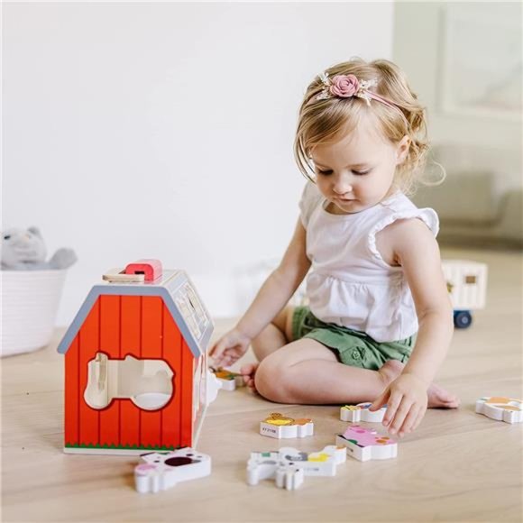 Wooden Take-Along Sorting Barn Toy with Flip-Up Roof and Handle,10 Wooden Pieces - Picture 6 of 6